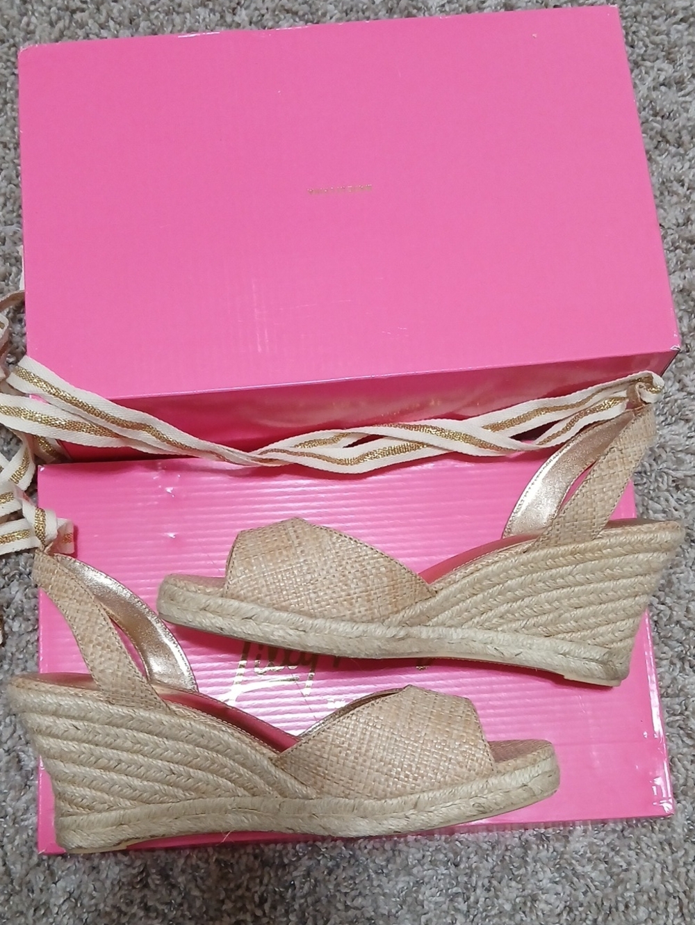 Lilly Pulitzer Gold Woven Espadrille Wedge Sandals with Ankle Wrap - Picture 4 of 7